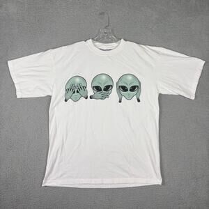 Vintage Aliens UFO Hear Speak See No Evil T-shirt Men’s L/XL White 90s Y2K